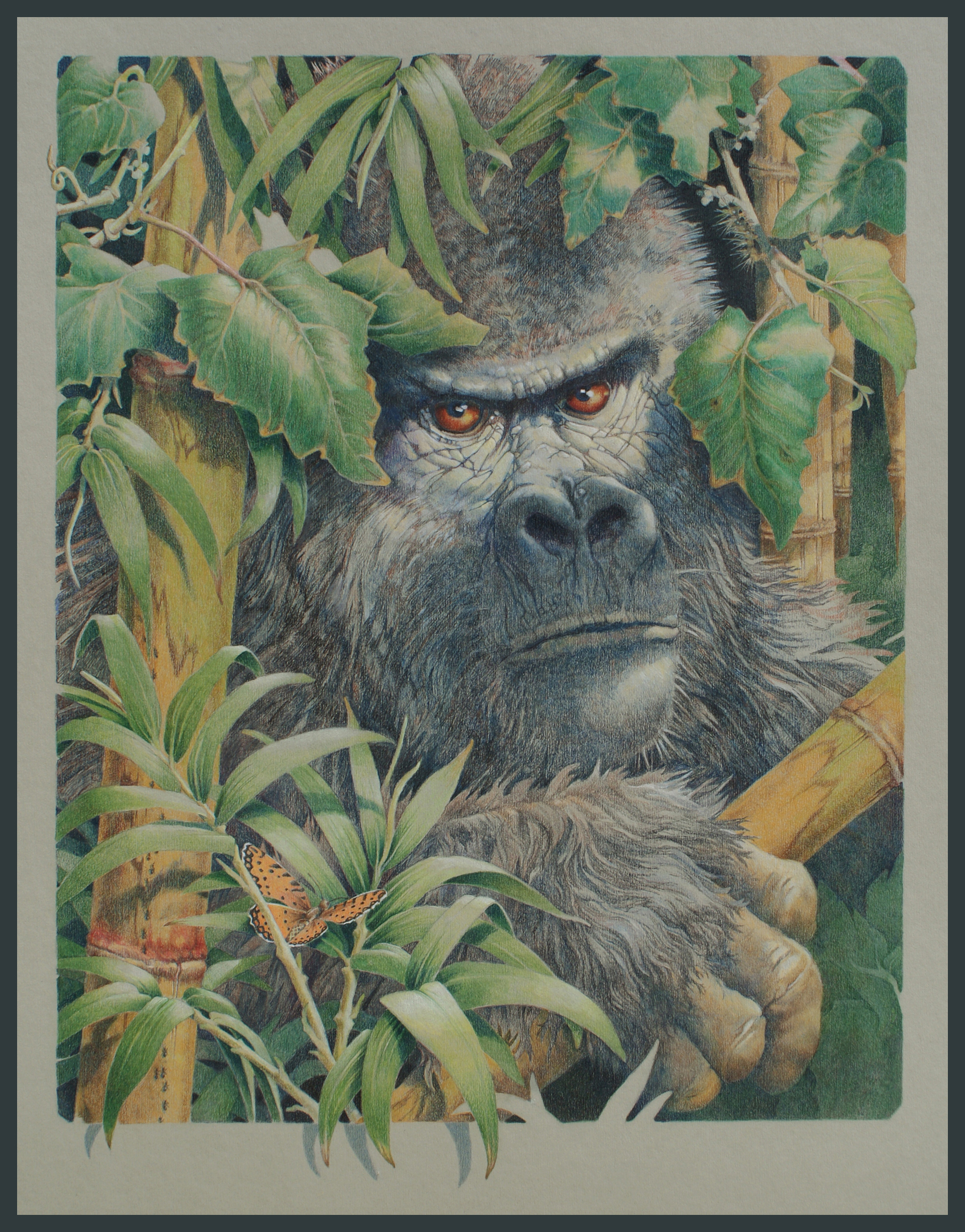 A painting of a gorilla in the jungle.